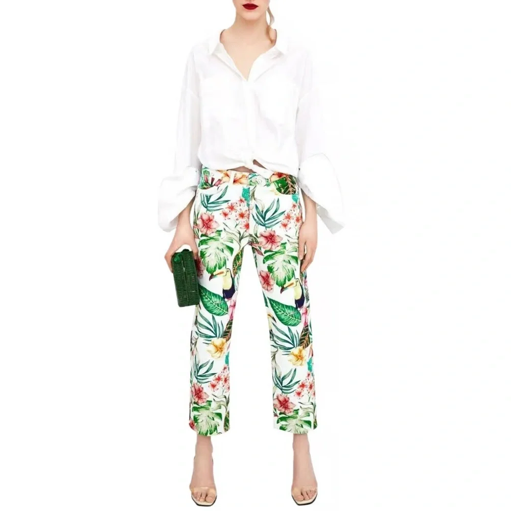Zara Womens Pants 4 White Tropical Coastal Print Denim Straight Leg Crop Jeans - Picture 2 of 11